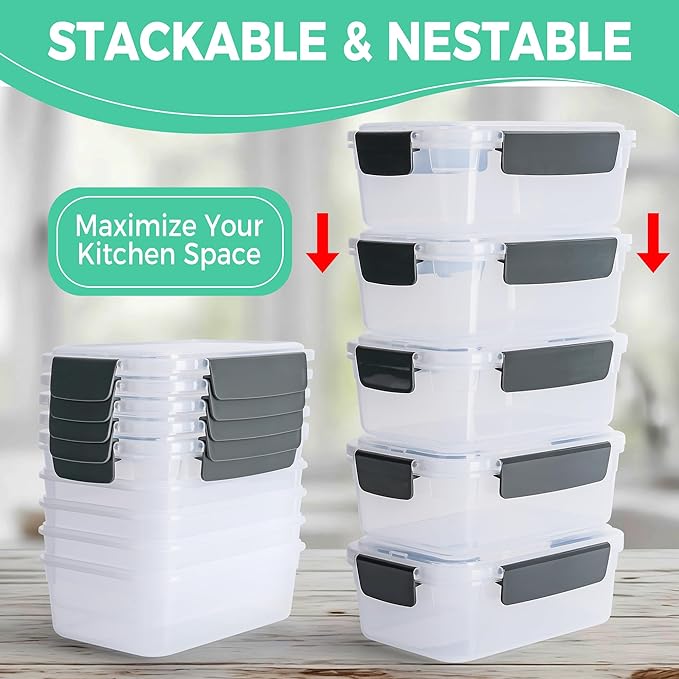 YORY 5 cup Plastic Food Storage Containers with Lids Nestable Freezer Dishwasher Safe Rectangle Meal Prep Container Set,5-Pack