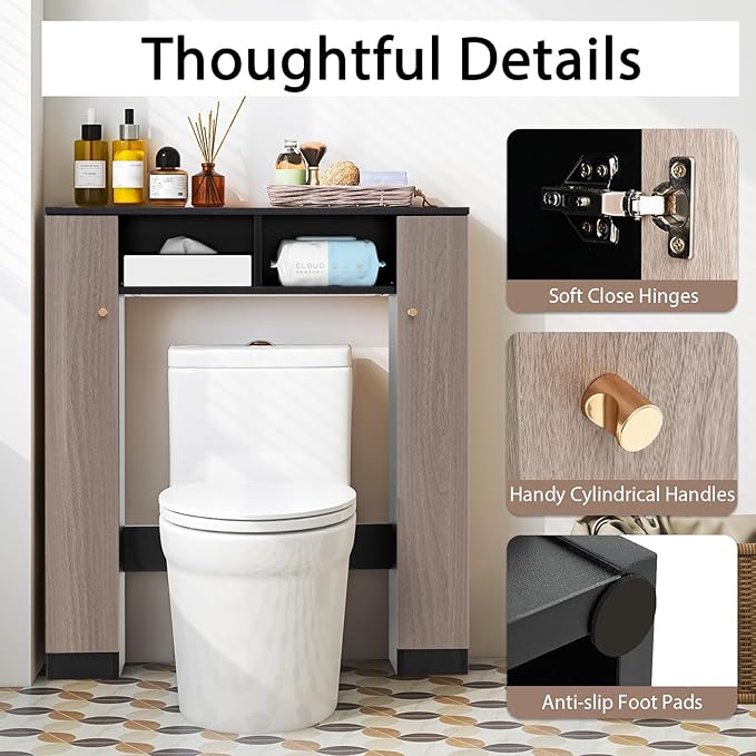Giantex Short Over The Toilet Storage Cabinet, Bathroom Organizer w/2 Open Compartments & 4 Adjustable Shelves, Freestanding Space Saver Above Toilet Storage for Restroom, Laundry Room (Black+Oak)