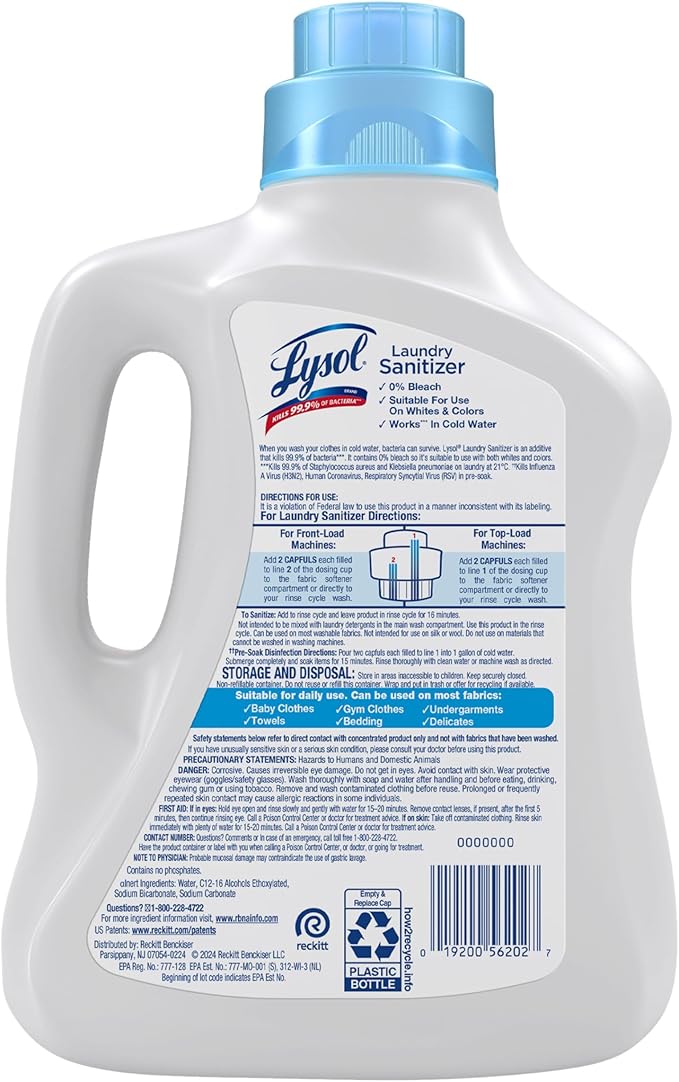 Lysol Laundry Sanitizer Additive, Free & Clear, Free from Fragrance and Dyes, 0% Bleach Laundry Sanitizer, Bacteria-causing Laundry Odor Eliminator, Unscented, 90 Fl Oz (Pack of 1) - Package May Vary