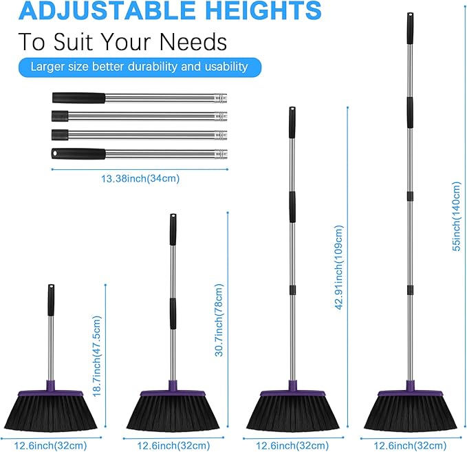 Heavy Duty Angle Broom, 55-Inch Long Handle Extra Wide 12.6 Inch Head, Stainless Steel Tube & PP Bristles for Pet Hair and Dust, Floor Safe - Black