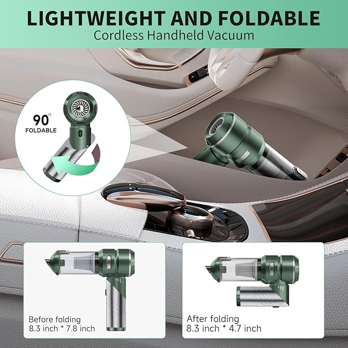 Car Vacuum Portable Cordless 22000PA High Power Handheld Mini Vacuum Cleaner Rechargeable Foldable with Brushless Motor Air Blower Duster Pump for Car Home Office Pet (Green)