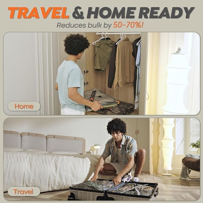 Rechargeable Wireless Pump Travel Storage Bags Set - 15 Pack Large Size Vacuum Bags for Travel & Home, Space-Saving Compression Packing for Clothes, Blankets & Bedding