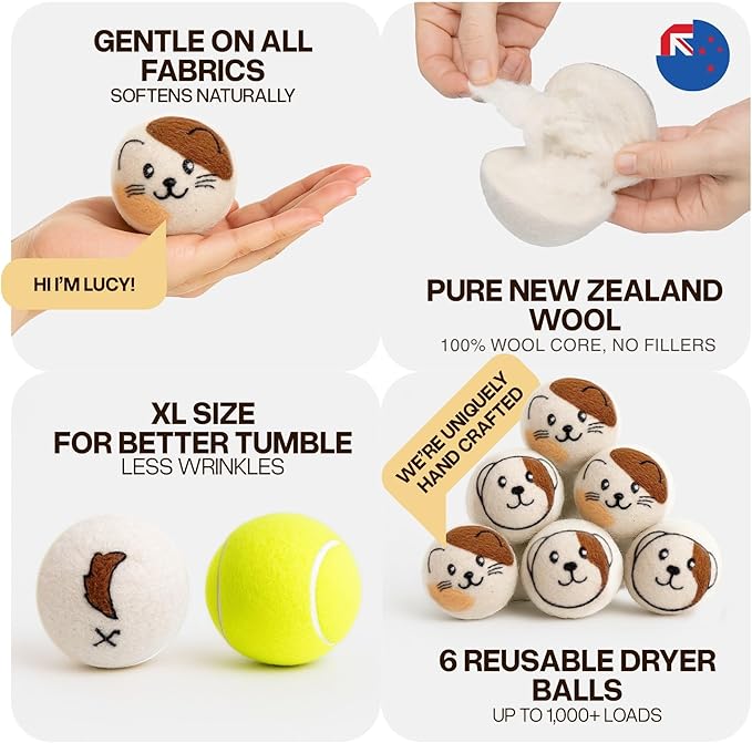 WoollyPals Wool Dryer Balls (6-Pack, XL Size)- 100% New Zealand Organic Wool - Sustainable & Eco-Friendly - Dry 1,000 Loads, Replaces Dryer Sheets, Reduces Static Cling, Reusable (Multi Colour)
