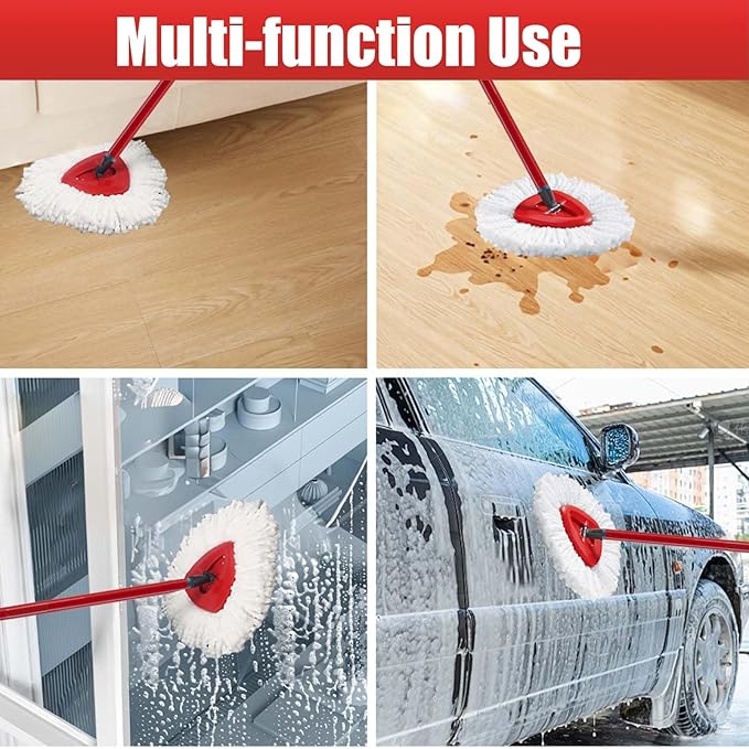 Spin Mop Replacement Head for OCeda EasyWring Microfiber Spin Mops, 2 Microfiber Mop Refills 4-Section 30-to-58 inch Mop Replacement Stick and 1 Base Combo Set (White(1 Tank System)