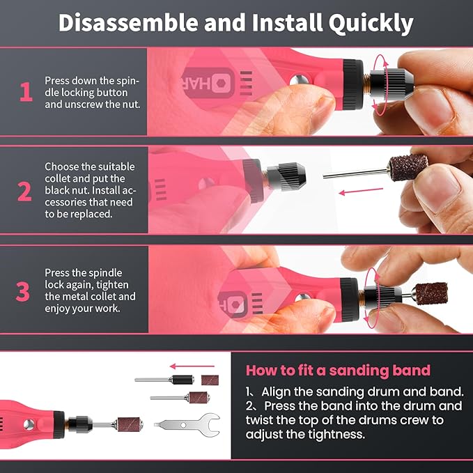 HARDELL Mini Cordless Rotary Tool, 5-Speed 3.7V Rechargeable Rotary Tool Kit with 129Accessories, USB Charging Multi-Purpose DIY Tool for Sanding, Polishing, Drilling, Engraving, Woodworking(Pink 129)