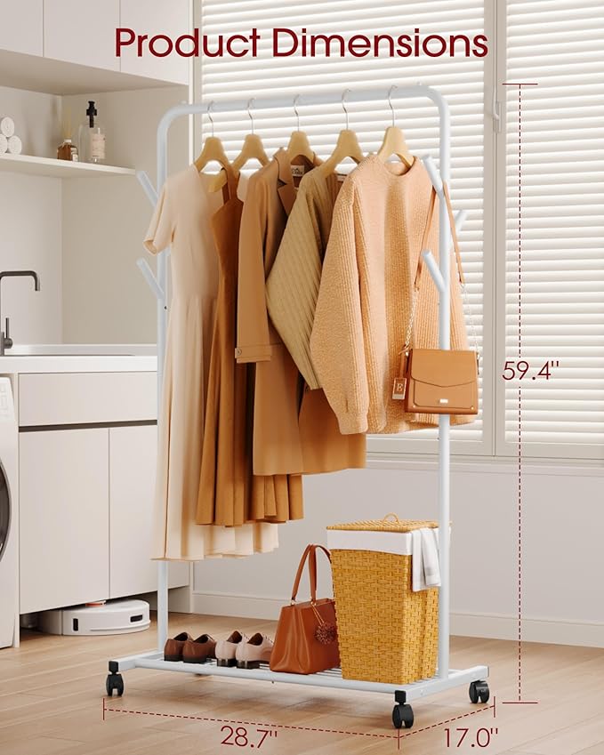 Sakugi Clothes Rack - Metal Coat Rack with Bottom Shelf, Portable Wardrobe Rack with 6 Side Rods, Rolling Clothing Rack for Hanging Clothes for Bedroom or Laundry Room (White, 28.7 x 17 x 59.4)
