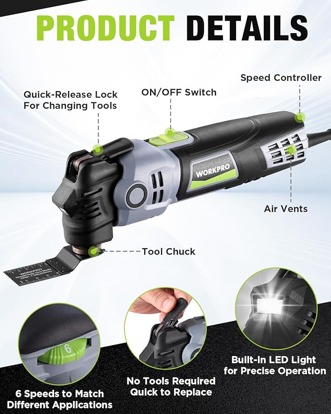 WORKPRO 400W Oscillating Multi-Tool, 6-Speed Corded Power Saw with LED Light, Quick Blade Change, 3.5° Oscillation Angle, 22 Accessories for Cutting, Sanding, Scraping