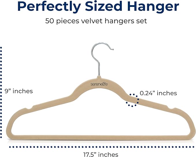 SereneLife 50 Pack Velvet Hangers - Non-Slip, 360° Swivel Hook - Ultra-Thin, Lightweight Velvet Hangers for Shirts, Sweaters, Hoodies, Kids Clothes & Dresses - Space-Saving