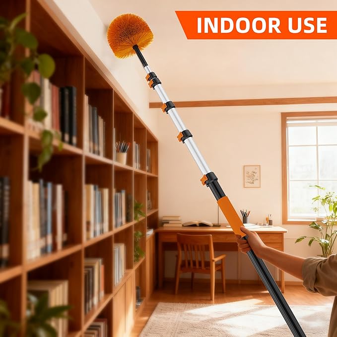 26 FT Reach Cobweb Duster with 5-20FT Telescoping Pole, Dual Action Flip-Lock & Screw Fixing Design, Washable Reusable Duster for High Ceilings, Fans & Home Cleaning