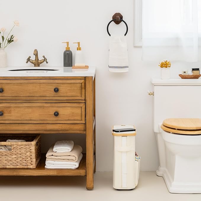 StorageWorks Toilet Paper Storage Baskets with Dual Flip Lids, Toilet Paper Organizer for Bathroom, Toilet Paper Container with Side Pocket, Holds 9 Mega or 12 Regular Rolls, Medium, Beige