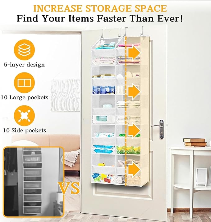 Over The Door Organizer 5 Tiers, Extra Large Behind Door Storage of 10 Compartments, 80 lbs Weight Capacity Hanging Storage Organizer with Clear Window Kids Toys, Shoes,Diapers, Room Storage, White