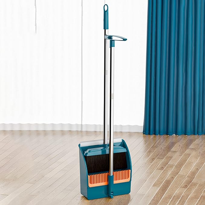 Broom and Dustpan Set, Plastic Silicone Hand Broom for Home & Kitchen, Long Handle Upright Stand Up Small Outdoor Brooms Household Cleaning Supplies Apartment Home Dorm Essentials (Green)
