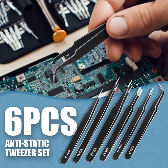 6 Pcs Precision Tweezers Set, Premium Anti-Static Stainless Steel Tweezer, ESD Curved of Tweezers for Electronics, Craft, Laboratory Work, Jewelry-Making, etc