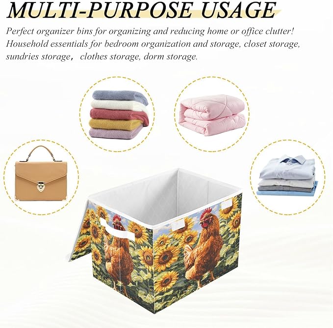senya Large Storage Bins with Linen Collapsible Foldable Storage Cubes Fabric Closet Organizer Containers box with Flip-Top Lid for Home Bedroom Office 16.7 x 12.6 x 11.8in (Chicken Pattern)