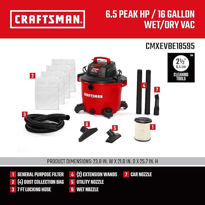 CRAFTSMAN CMXEVBE18595 16 Gallon 6.5 Peak HP Wet Dry Vac, Heavy-Duty Shop Vacuum Wet and Dry with Filter, 4 Dust Bags, Hose and Attachments for Home Projects & Renovations