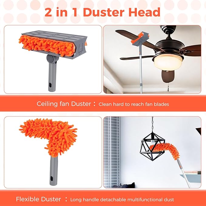 Ceiling Fan Cleaner Kit with 77" Extension Pole, Reusable Chenille Brush for Fan Blades (Up to 8in), Cobwebs, Walls, and Furniture (Orange)