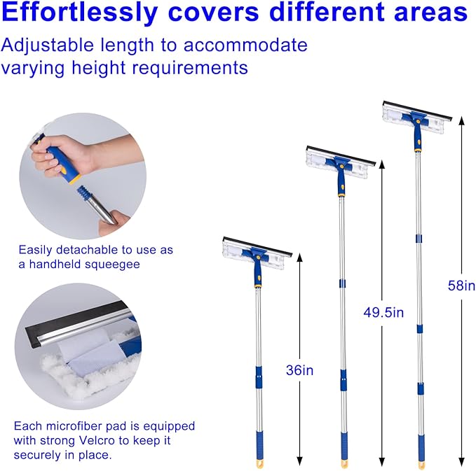 ITTAHO Squeegee for Window Cleaning with Extendable Pole, 53" 2-in-1 Window Cleaning Tool Kit, Shower Squeegee with Long Handle, Indoor/Outdoor High Window Cleaning-Two Pads