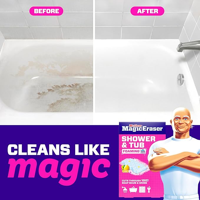 Mr. Clean Magic Eraser Sponge, Bathroom, Shower, Tub Cleaner, Soap Scum Remover, Bathroom Cleaning Supplies, Dawn Cleaning Power with Lemon Scent, Shower & Tub, 6ct