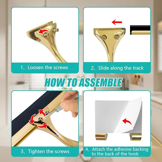 Shower Squeegee for Glass Doors,10 Inch Stainless Steel Squeegee for Shower Glass with Storage Hook, Shower Squeegee for Tile Shower Walls, Window Mirror Squeegee and Car Glass (Gold)