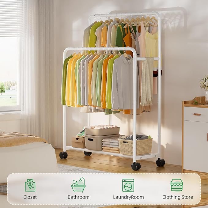 Simple Trending Clothing Clothes Rack Double Rods with Wheels, Rolling Metal Garment Rack for Hanging, White
