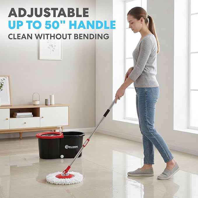 Simpli-Magic 360° Spin Mop and Bucket with Wringer – 3 High-Absorbent Microfiber Washable Heads – Spinning Mop and Bucket Set for All Types Floor Cleaning (Black)