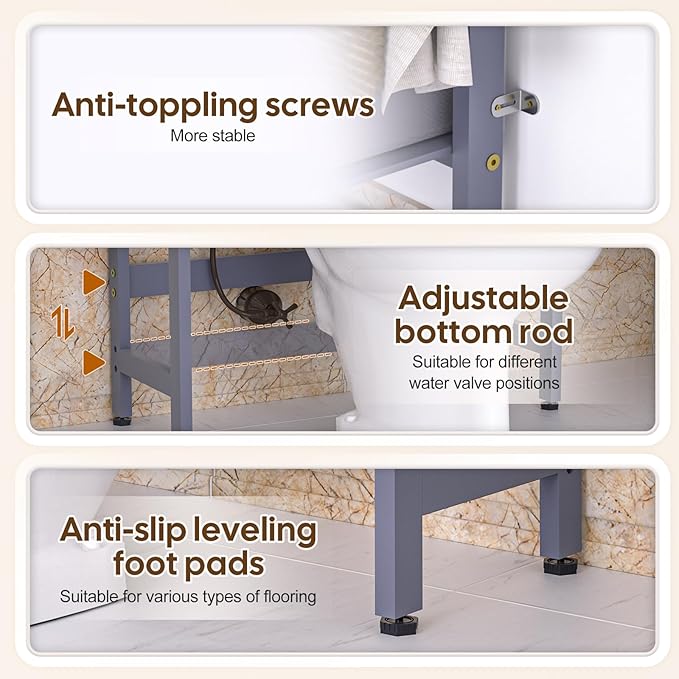 Cozivolife Over The Toilet Storage with 2 Baskets, 4-Tier Bamboo Organizer Rack with Paper Holder & 4 Hooks & Waterproof Feet Pad,Freestanding Shelf for Bathroom(Grey)