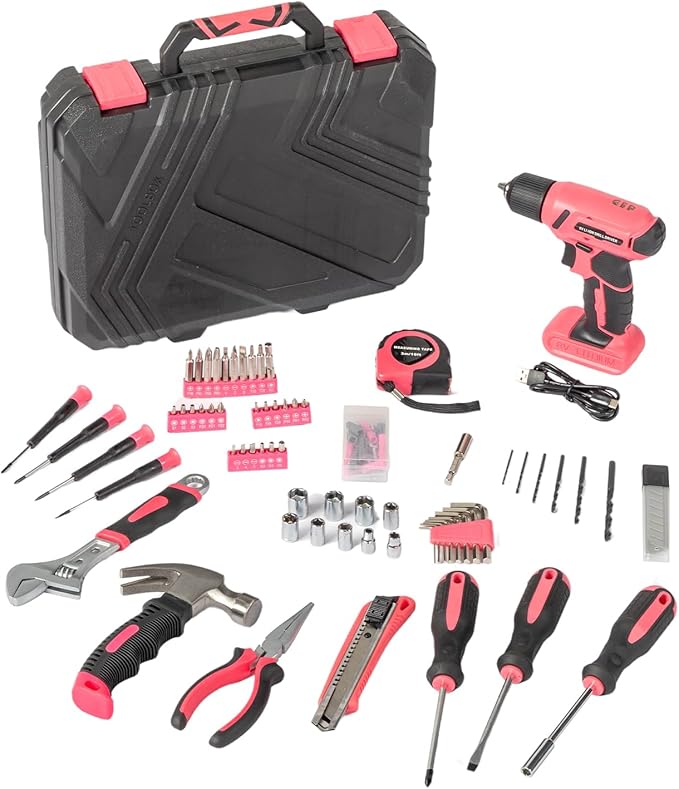 Drill Tool Kit Set,146 Piece Tool Set with 8V Cordless Drill,Drill Tool Box,Home Tool Kit with Drill,House Repairing Hand Tool Kits with Storage Case for Men Women (Pink)