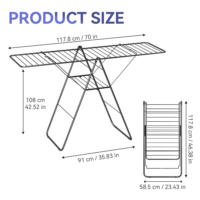 APEXCHASER Clothes Drying Rack, Foldable Oversized Drying Rack Clothing with U-Shaped Foot Cover, Height-Adjustable, Multi-Bar Laundry Rack, Indoor Outdoor Use, 20.47" D x 70" W x 42.52" H, Jet Black