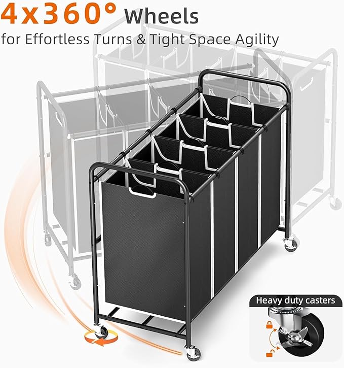 ROMOON Laundry Hamper Sorter Cart: 4-Section Organizer with Heavy-Duty Lockable Wheels and Removable Bags | 180L Rolling Laundry Basket for Dirty Clothes in Laundry Room or Small Spaces (Black)