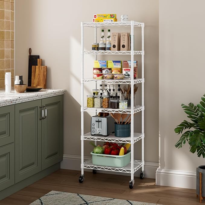 Golpart Small 6 Tier Shelf Storage Wire Shelving Unit Metal Shelves Adjustable Organizers Storage Shelving with Wheels for Bathroom Laundry Room Kitchen Pantry12”D x 18”W x 61.6”H White
