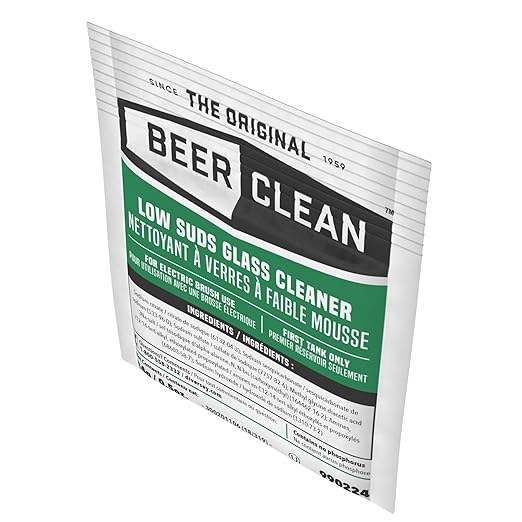 BEER CLEAN 990224 Low Suds Glass Cleaner, Restaurant Barware & Glassware Cleaner for Auto Brush, Powder Packets, 0.5-Ounce (Pack of 100)