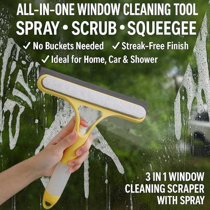 3 in 1 Window Cleaning Scraper, Squeegee with Sprayer, All-in-One Glass Cleaner Tool with Sponge & Rubber Blade for Shower Doors, Mirrors, Car Windows & Home Use