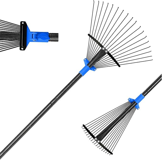 BsBsBest 75" Rake for Leaves with 18 Metal Tines 10-18" Expandable Head Rakes Adjustable Handle for Lawn Leaf Rake Yard Tools for Collecting Leaves, Grass Clippings, Garbage Blue