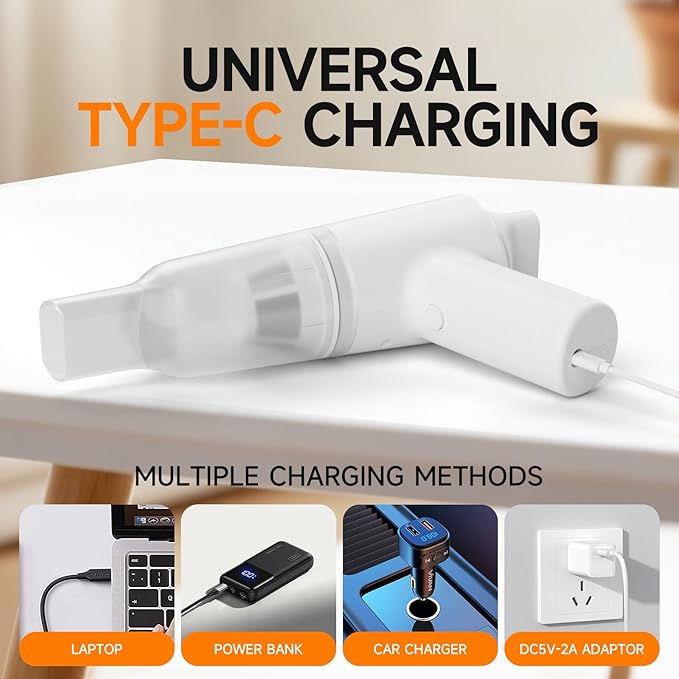 PAPIFEED Handheld Vacuum Cordless for Pet Hair, Portable Mini Vacuum with Static Hair Collector for Home, Dual-Layer Stainless Steel Filter, Dual Filte, USB-C Rechargeable Lightweight Vacuum (White)