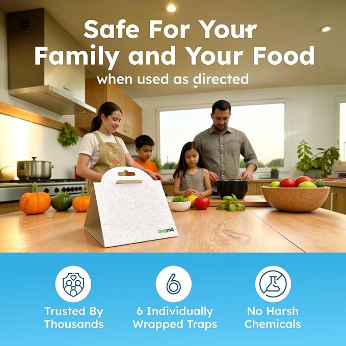 BugMD Pantry Moth Traps (6-Pack) – Pheromone-Based Sticky Glue Traps, Non-Toxic, Kills Indian Meal Moths – Kitchen & Food-Storage Safe - White