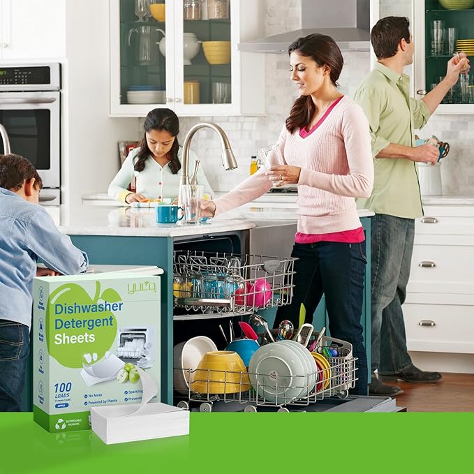Dishwasher Detergent Sheets 100 Loads Eco Friendly Dishwasher Detergent Plastic-Free Washer Sheets Alternative(Green Apple)