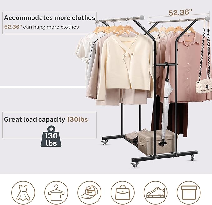 VICERII Clothing Rack, Heavy Duty Clothes Racks with Wheels and Bottom Shelf, 52.36’’ Metal Double Clothing Racks with Wheels, Wardrobe Rack for Hanging Clothes, Coats, Shirts, Skirts, Dresses, Black