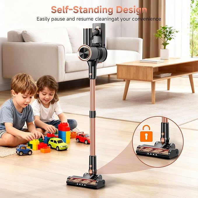 Shieal Cordless Stick Vacuum Cleaner - 45KPA Powerful Suction Vacuum with 45 Min Runtime, Detachable Battery, Anti-Tangle & 1.5L Dust Cup, 8 in 1 Vacuum Cleaner for Pet Hair, Carpet, HardFloor, Pink
