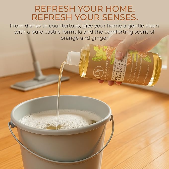 Dr. Jacobs Naturals Orange & Ginger Castile All-In-One Cleaner and Soap - Plant-Based Formula for House Cleaning Floors and Appliances - Gentle on Skin and the Planet - 32 oz, 1 Pack