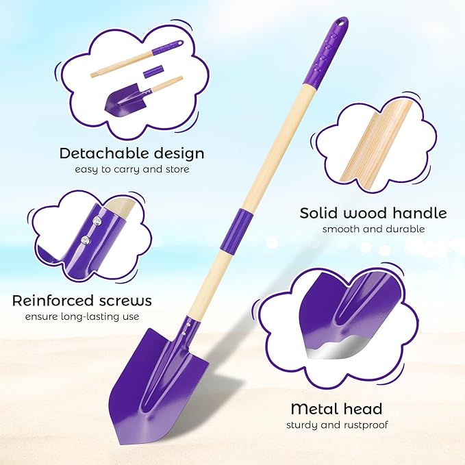 2 Pack Beach Shovels for Kids, 28.7" Long Detachable Kids Shovel with Wood Handle Metal Spade Sand Shovels for Digging Shoveling Sand Snow Gardening Tools Sandbox Toys for Kids Adults Gifts (Purple)