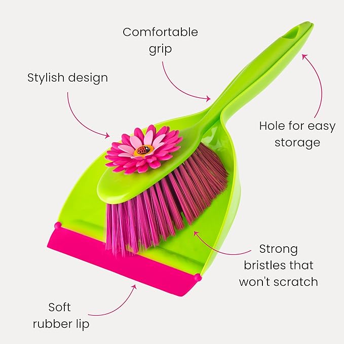 Vigar Flower Power Dust Pan and Brush Handy Set, 12-3/4-Inches, Green, Pink