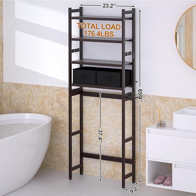 Cozivolife Over The Toilet Storage with 2 Baskets, 4-Tier Bamboo Organizer Rack with Paper Holder & 4 Hooks & Waterproof Feet Pad,Freestanding Shelf for Bathroom(Brown)