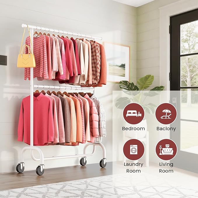 Heavy Duty Clothes Rack, 78.35" Rolling Clothing Rack for Hanging Clothes with Lockable Wheels, 6-Level Adjustable Double Rod Garment Rack for Bedroom, Laundry, Clothing Store, White