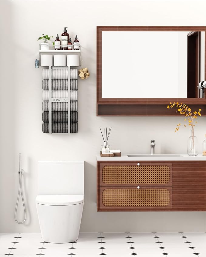 Aetyord Towel Racks for Bathroom - Wall Mounted Metal Rack with Wood Plank, Bathroom Storage Organizer, Towel Holder Stores 6 Large Rolled Towels Easily, Silver with White Plank
