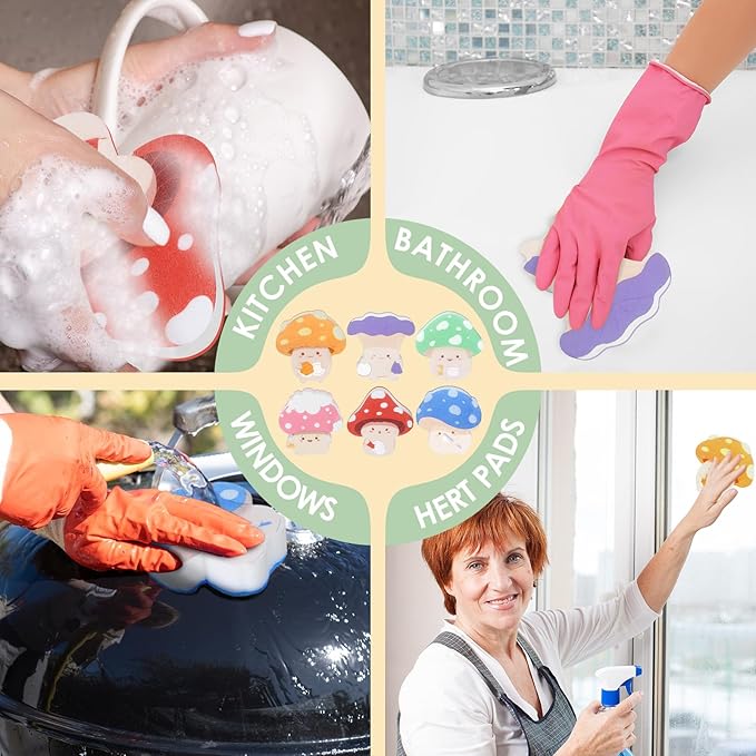 6 Pieces Mushroom Kitchen Sponges Mushroom Sponges Fun Non-Scratch Scrub for Washing Dishes Pots Pans and Household Cleaning Supplies for Kitchen Dishes Furniture Gifts