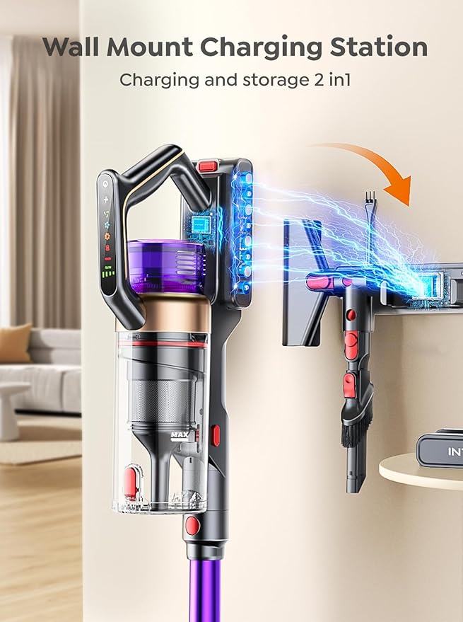 INTETURE Cordless Vacuum Cleaner, 600W 50KPA 65 Mins Vacuum Cleaners for Home, Anti-Tangle Stick Vacuum with Touch Screen, Wall Mount Charging, Upgraded Vacuum Cordless for Pet Hair/Carpet/Floors