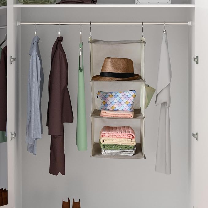 Leinuosen 4 Pack 3 Tier Hanging Closet Organizer Foldable 3 Shelf Closet Hanging Shelves with Side Pockets and Sturdy Hooks for Wardrobe Rv Nursery Small Closets Natural Beige