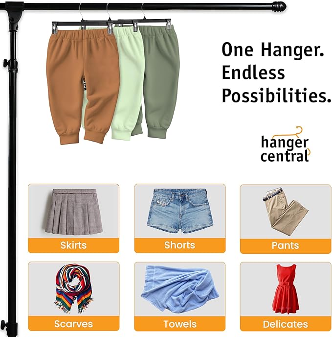 Hanger Central 30 Pack Pants Hangers – 10 Inch Slim Plastic Clothes Hangers with Clips for Skirts, Pants, Shorts – Heavy Duty Space Saving Non Slip Closet Organizer with Swivel Hook – Black