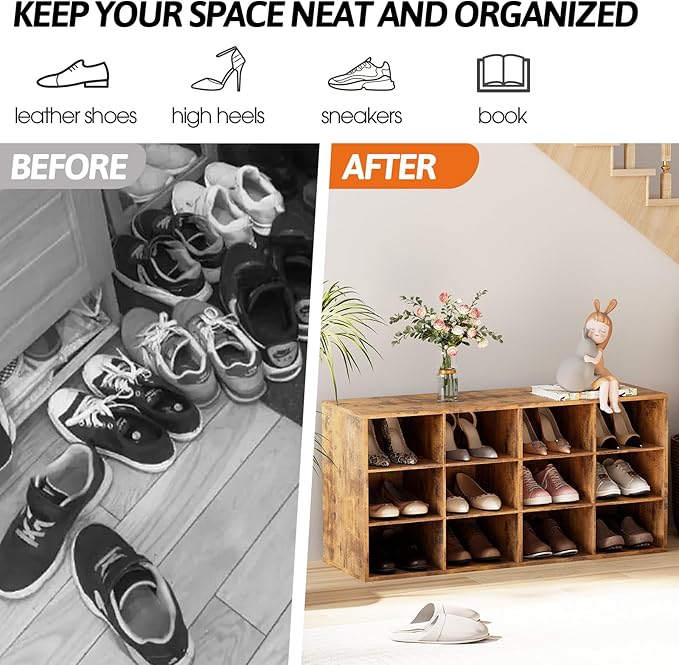 Garden 4 you Shoe Storage Bench, Cubby Shoe Rack with 12 Cubbies, 3-Tier Wood Shoe Rack Organizer, Shoe Organizer Cabinet for Entryway, Hallway, Closet and Garage, Brown