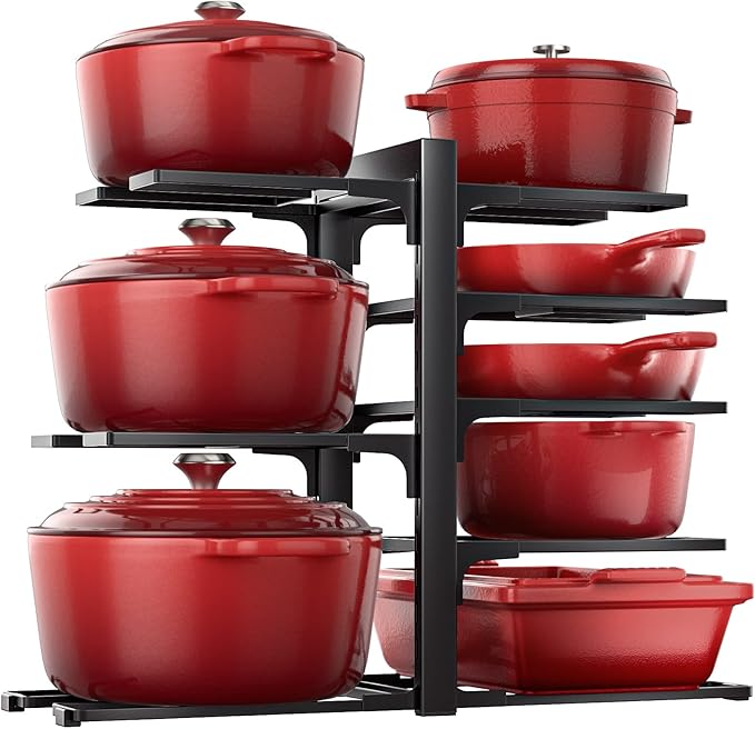 ORDORA Pots and Pans Organizer Rack for Cabinet, 15.83" Height 8-Tier Heavy Duty 120LBS Pot Pan Organizer under Cabinet Adjustable for Dutch Oven, Cast-iron Pan, Heavy Skillets Griddles, Shallow Pot